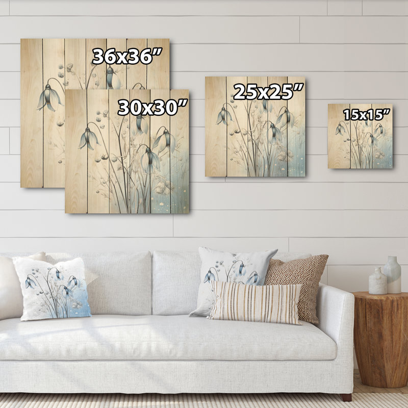 Minimalism Blue And White Snowdrops Bloom - Snowdrops Wood Art On Natural Pine Wood, 15" H x 15" W