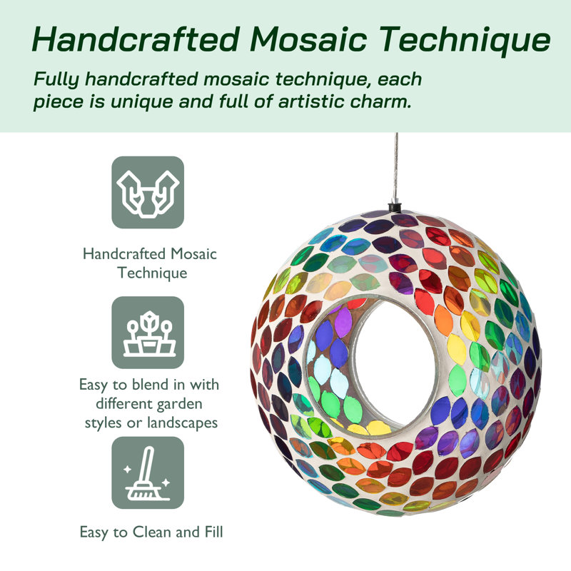 8'' Round Multicolor Mosaic Glass Hanging Bird Feeder
