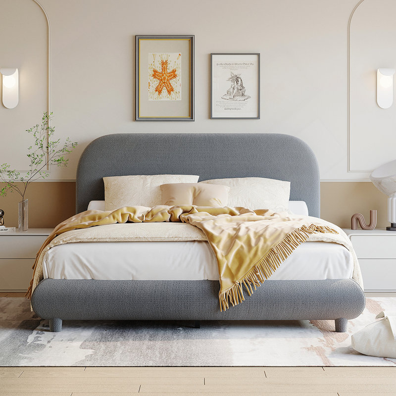 Upholstered Platform Bed with Thick Fabric, Solid Frame and Stylish Curve-shaped Design