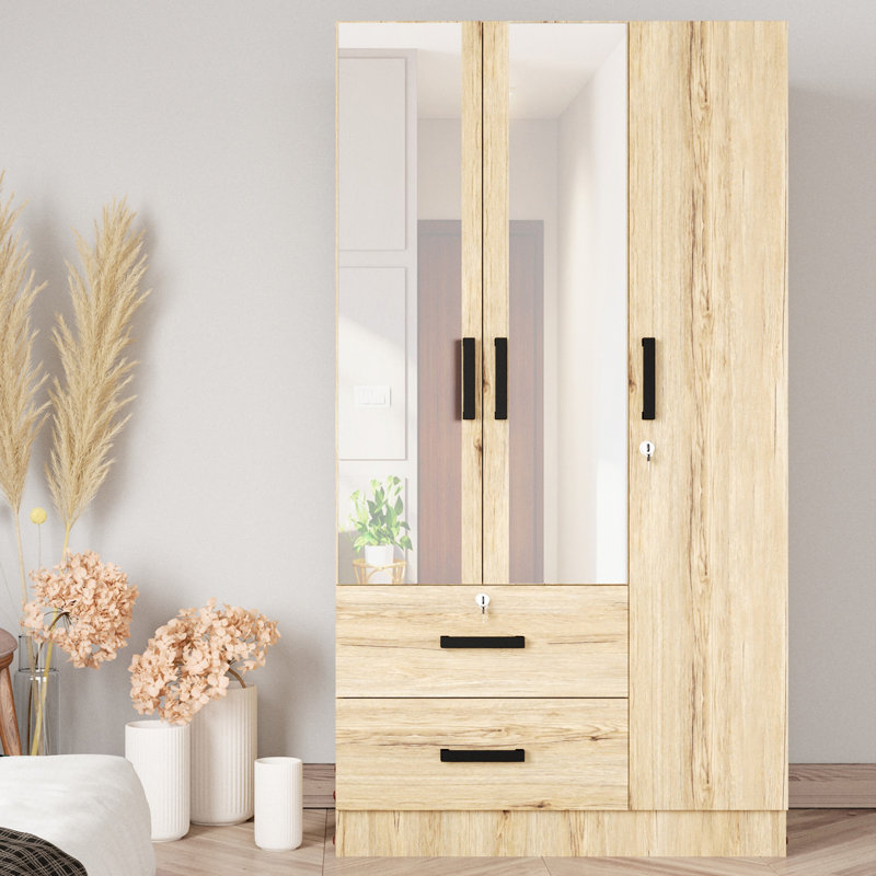  Armoire garde-robe avec deux miroirs pratiques placés sur les portes et deux tiroirs, Naturel