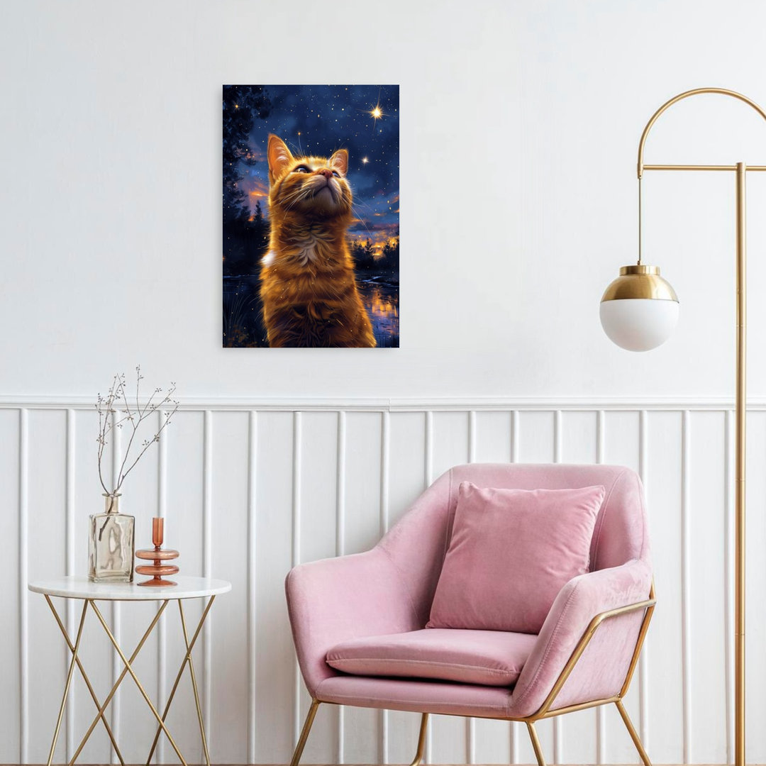 Orange Cat Stargazing Dreamy Peaceful Serene Cat Forest Landscape Wall Art Print