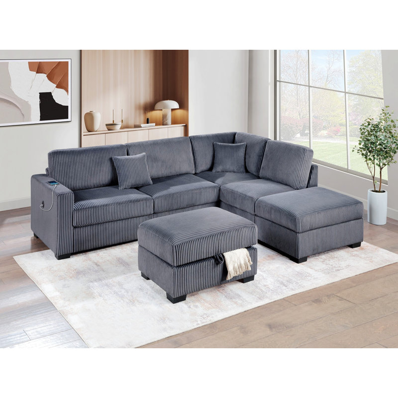 Canapé modulaire rembourré avec USB et repose-pieds avec rangement, Gris foncé