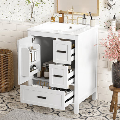 Meuble-lavabo moderne de 24 pouces avec lavabo en céramique, porte à fermeture douce, tablette de porte à double couche et 3 tiroirs pour espaces compacts