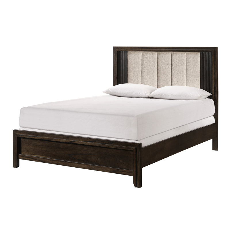 Grand lit, tête de lit tapissier, finition en bois riche, détails linéaires élégants, mélange rustique et contemporain, lit 1pc brun avec charme, style et tons de finition