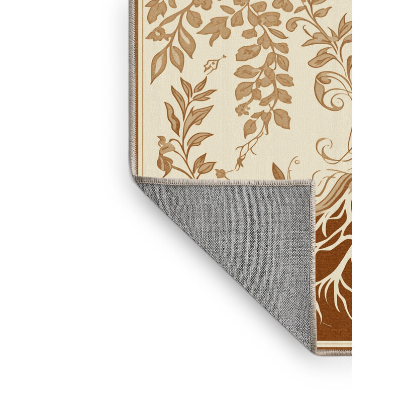 Machine Washable Paizley Tree With Roots Branches Classic Floral Rug in Beige – Beige Binding, 5x8