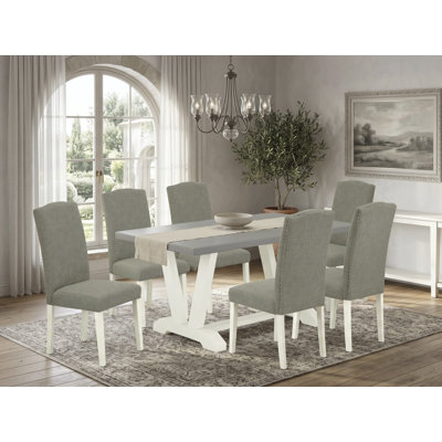 Ensemble de salle à manger 7 pièces composé d'une table de cuisine en ciment et de 6 chaises rembourrées en lin Shitake foncé avec dossier haut - Lin brossé blanc