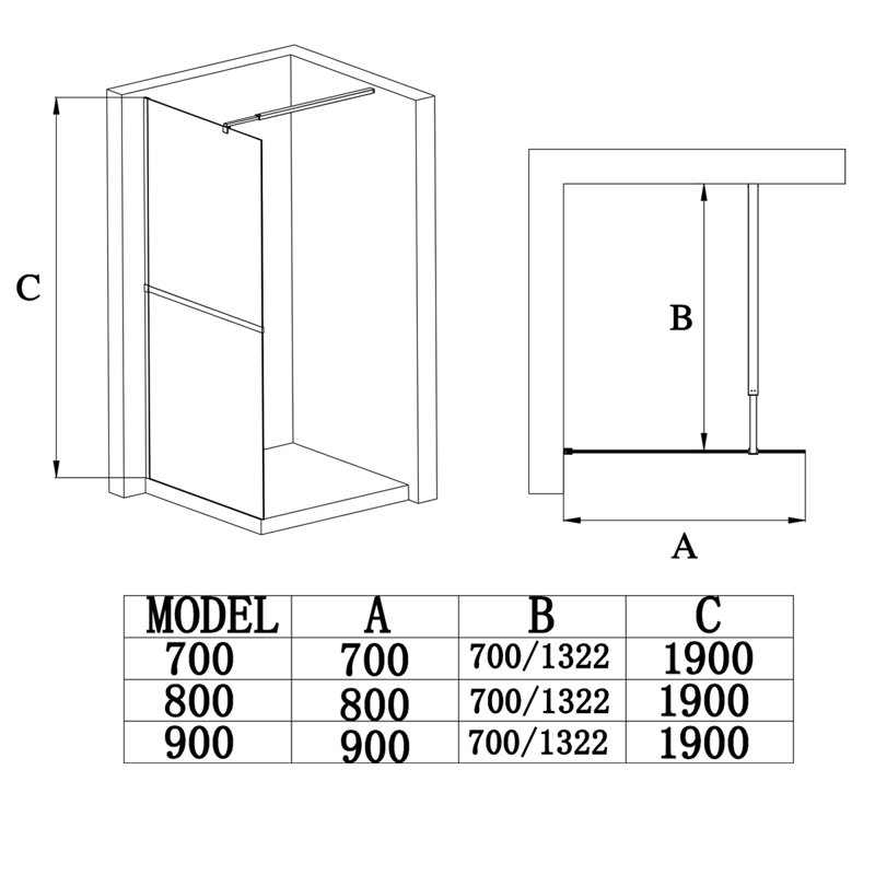 70mm - 70mm W x 190mm H Walk In Semi-Frameless Walk In Glass Screens with Clear Glass, 1900mm x 800mm