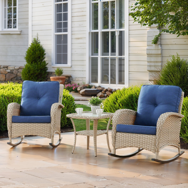 Wicker Rattan Outdoor Rocking Chair Set With Side Table (2 Chairs And 1 Side Table)