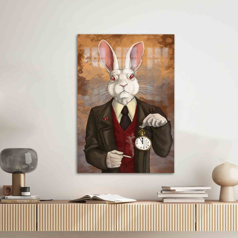 Art mural moderne moderne en verre trempé Mr. Rabbit pour une touche fantaisiste dans votre décor inspiré par Alice au pays des merveilles