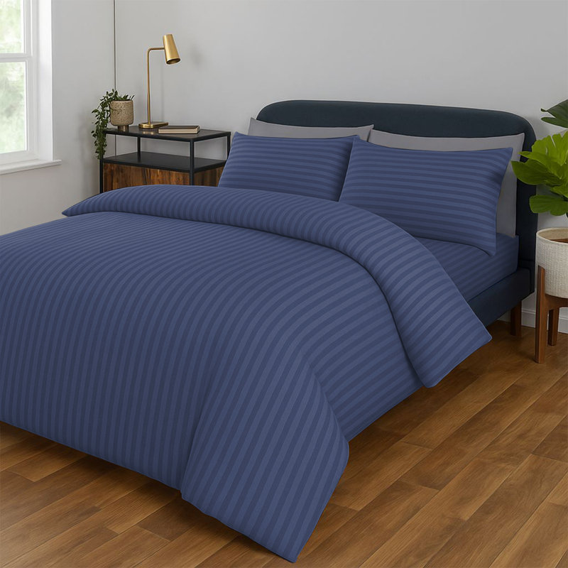 Classic Stripe Microfiber Duvet Set, 4-Piece With Fitted Sheet & Pillowcases, Washed Blue Striped
