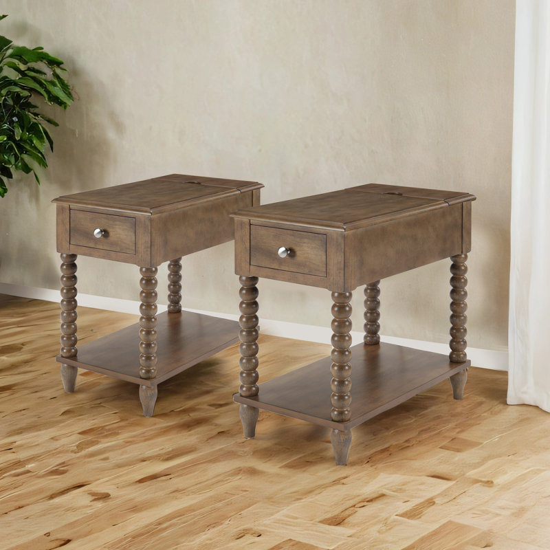 24" Tall Rustic Solid Wood End Table With Built-In Power Outlet And USB Port, Antique Cherry