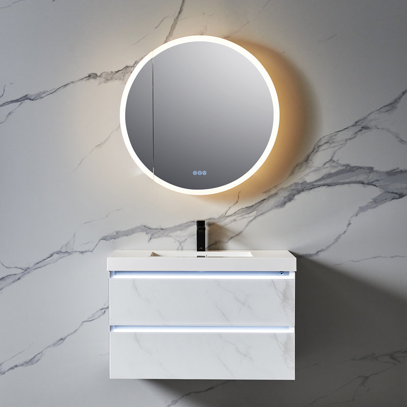 Pharmacie ronde 32 pouces à DEL avec miroir à luminosité réglable, désembueur, fermeture en douceur, tablettes de rangement, rangement en surface ou encastré pour salle de bain