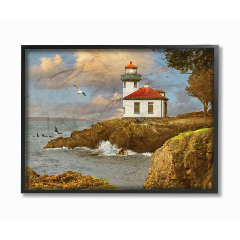 «Lime Kiln Cliff Side Ocean Wave Langle with Whale Fins and Seagull», reproduction d'impression, H 11 po x l 14 po