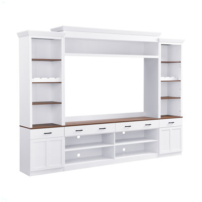 Farmhouse 4-Piece Entertainment Wall Unit Set With Bookshelf For Tvs Up To 70", Walnut TV Stand With Adjustable Shelves, Mid-Century Large Media Console With Wine Rack For Living Room
