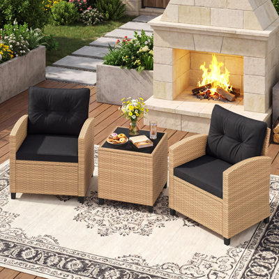 Glass Table Top and Wicker 2 - Person Patio Conversation Set with Cushions