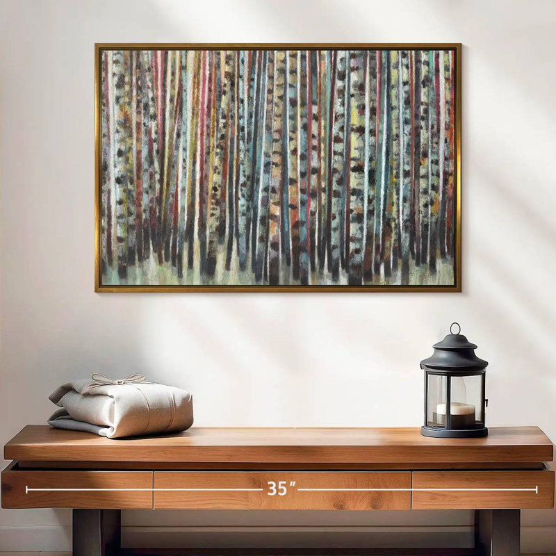 Forêt de bouleaux peinte, 25 po x 17 po, Cadre flottant doré