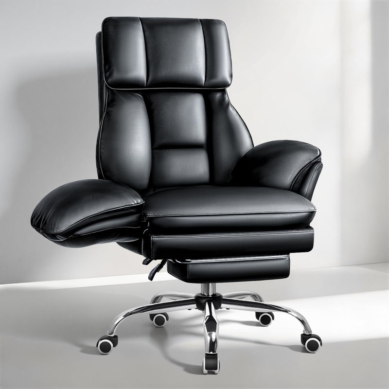 Grand et grand fauteuil de bureau de 400 lb avec repose-pieds, accoudoirs rabattables pour animaux de compagnie et pieds croisés, fauteuil de direction ergonomique en cuir d'unité centrale, fauteuil de direction ergonomique en cuir à haut dossier avec coussin à ressorts, noir