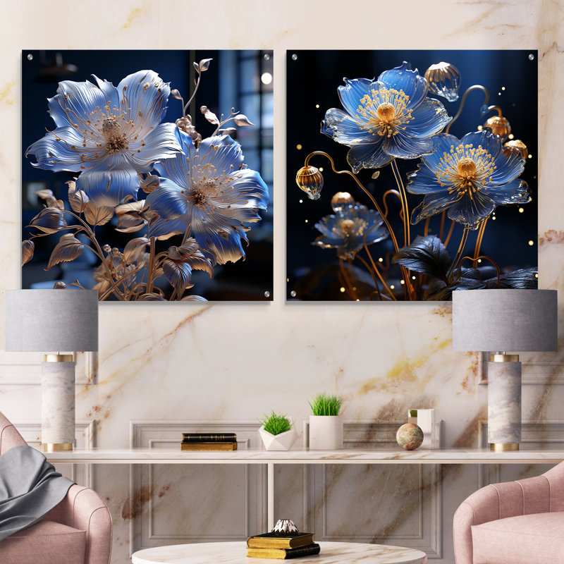 Celestial Floral Harmony - ensemble de 2 verres muraux en acrylique Violets, H 16 po x l 33 po