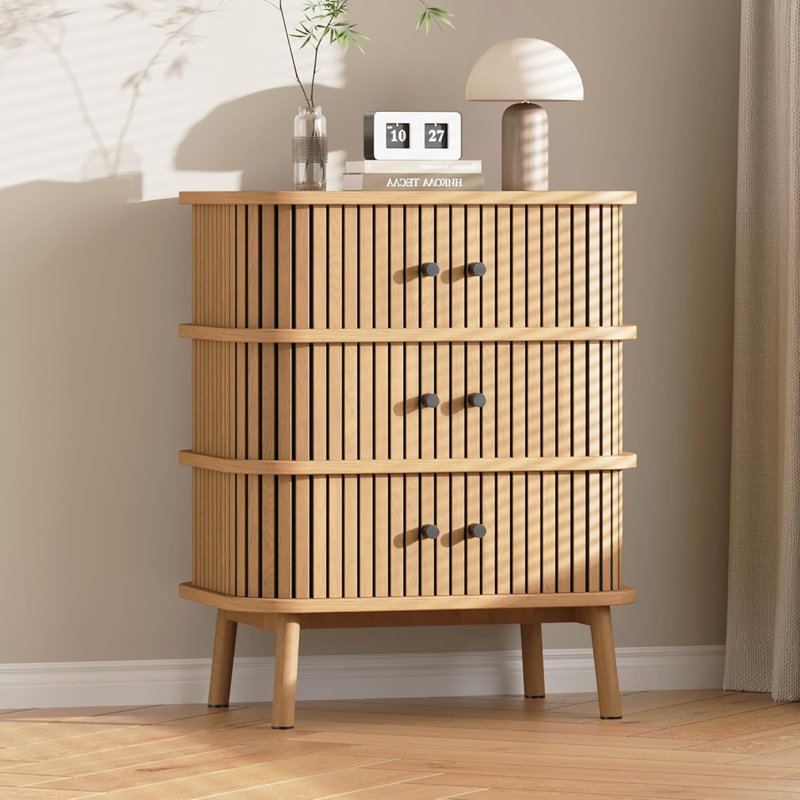 Mid Century 3-Drawer Dresser, Wicker Storage Chest with Matte Black Handles & Wood Legs for Bedroom, Closet & Hallway, Natural