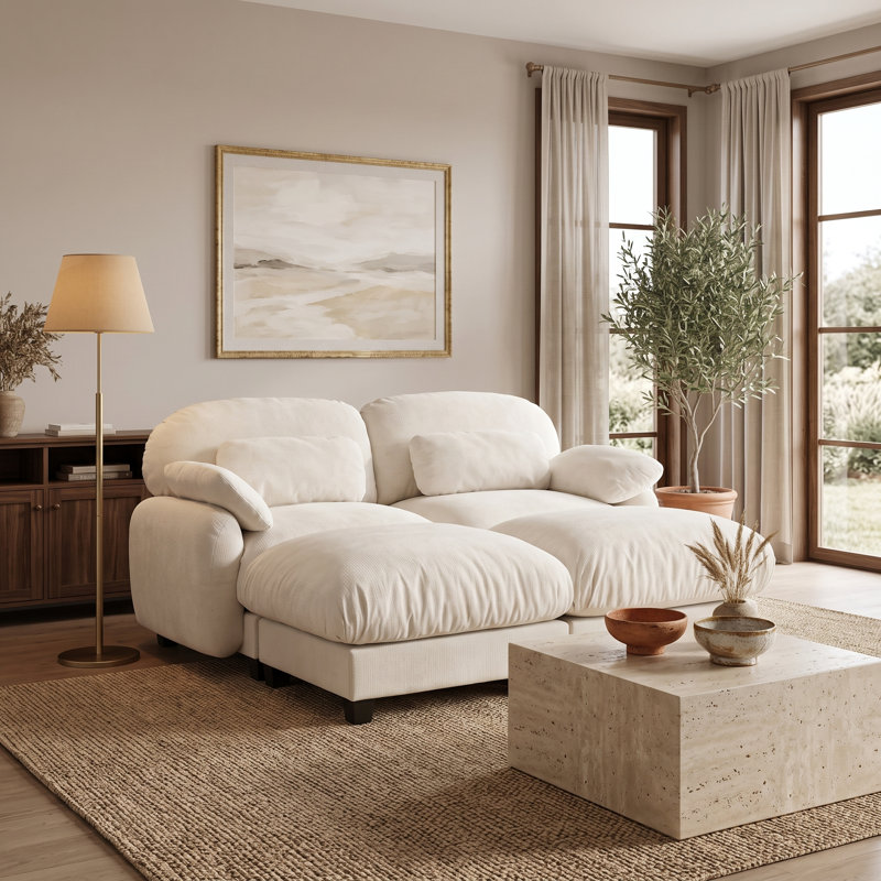Canapé 2 places surdimensionné en chenille avec 2 poufs amovibles, canapé lounge flexible extra-profond inspiré des nuages, beige