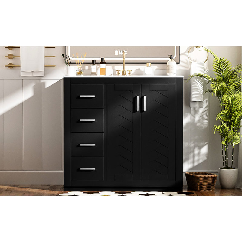 Meuble-lavabo de 36 po avec lavabo en céramique, rangement en bois massif, tiroirs, planches, beaucoup d'espace pour les articles de toilette, design rétro, poignées exquises, glissement en douceur, évier de 36 po à installation moderne, cadre