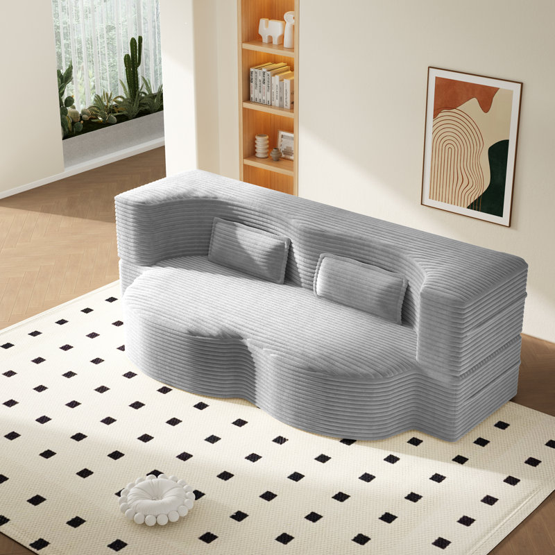 Evren Boneless Modern Minimalist Compression Convertible Floor Sofa Bed with Pillows, Corduroy Light Gray