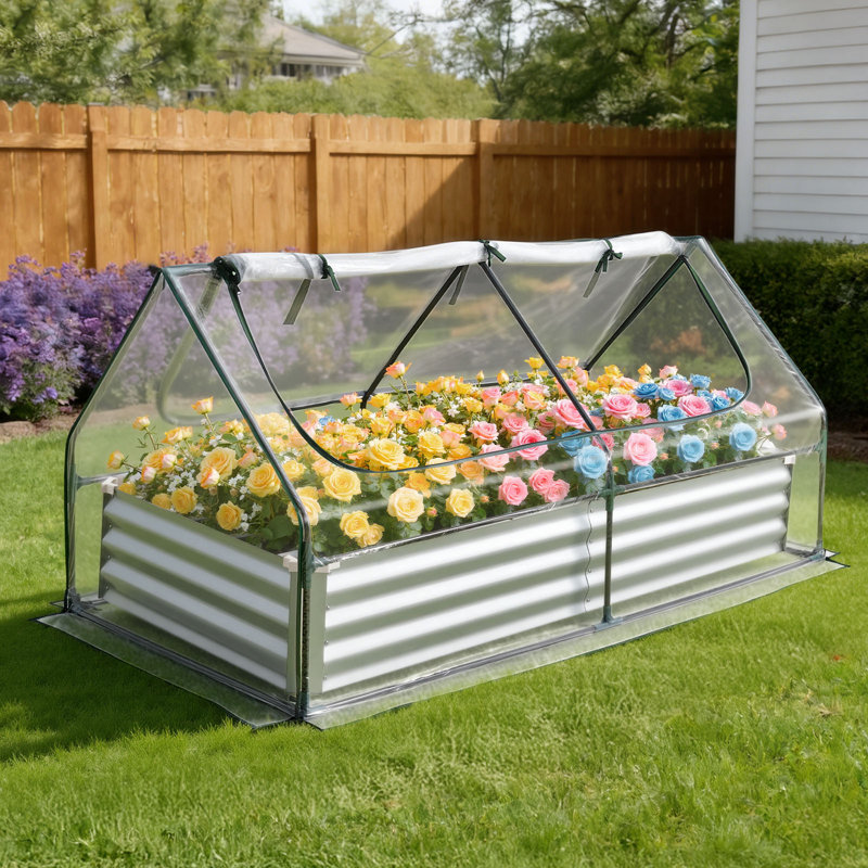 Raised Garden Bed with Cover, 6 x 3 x 1 ft, Rectangular Galvanized Metal Planter Box Kit Outdoor, with PE Greenhouse Cover & Gloves, Rustproof Alu-Zinc, for Growing Flowers Vegetables, Silver