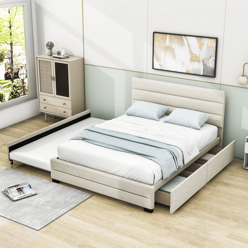 Polmanteer Queen 2 Drawers Upholstered Platform Bed with Twin Size Trundle