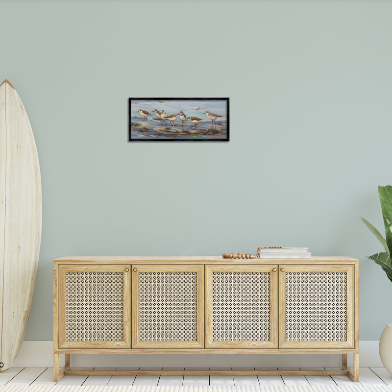 «Sandpiper Flock on Shore», estampe numérique par Sandy Nelson, Giclée encadrée noir minuit, H 10 po x l 24 po