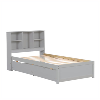 Modern Twin Size Bed Frame With Built-In USB Port On Bookcase Headboard And 2 Drawers by Red Barrel Studio