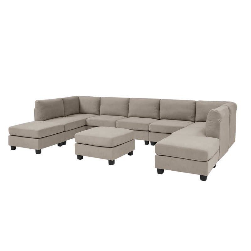 Barnum 150" Wide  Symmetrical Modular Corner Sectional with Ottoman, Khaki Polyester Blend