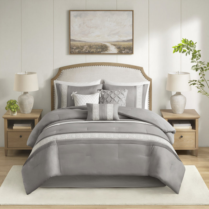 Lacey Grey Lace Trim 7-Piece Cal King Comforter Set with Throw Pillows, Gray