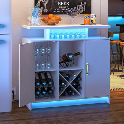 Wine Bar Cabinet with Power Outlet and LED Light, Coffee Bar Cabinet with Wine Rack, Storage Shelves and Cabinets, Large Space Liquor Cabinets for Kit by 17 Stories