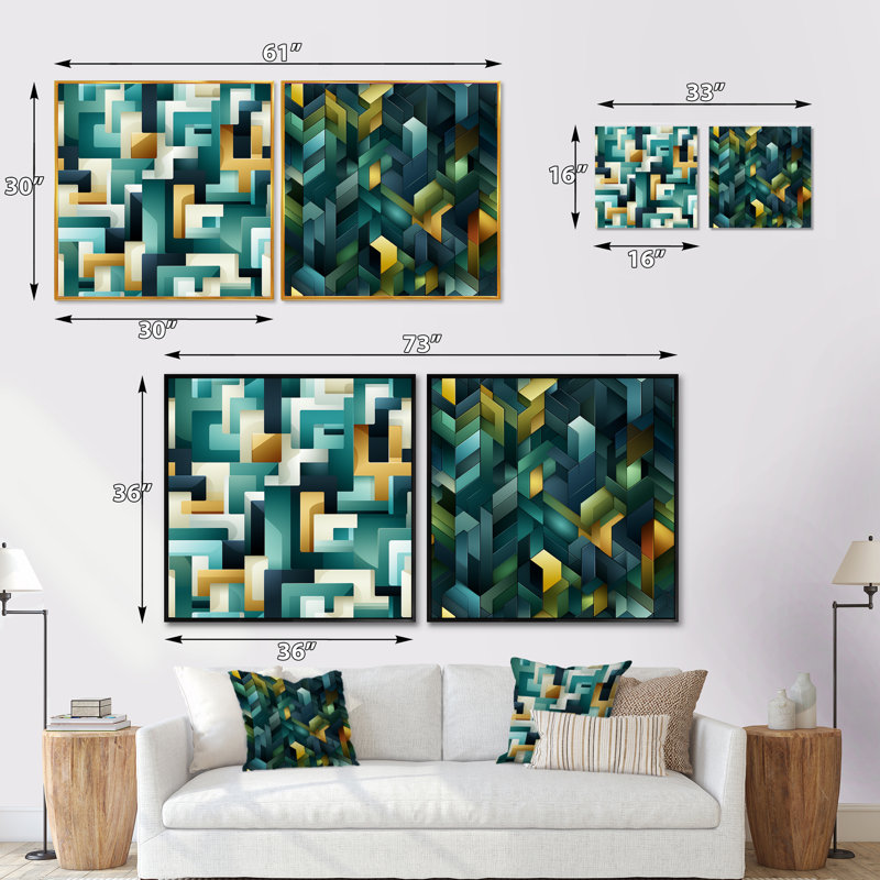 Cubes Oasis géométriques III - formes abstraites, ensemble de 2 carrés, Cadre flottant doré, H 16 po x l 33 po