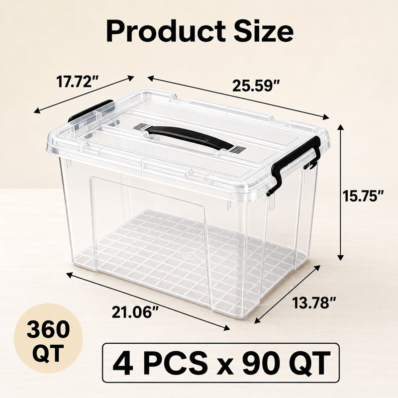Ensemble de 4 bacs de rangement transparents de 90 pintes avec couvercles