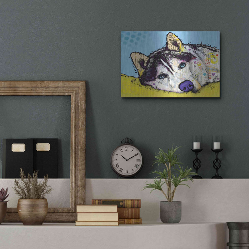«Siberian Husky 2» par Dean Russo - peinture sur métal sans cadre, H 12 po x l 16 po x P 0,13 po