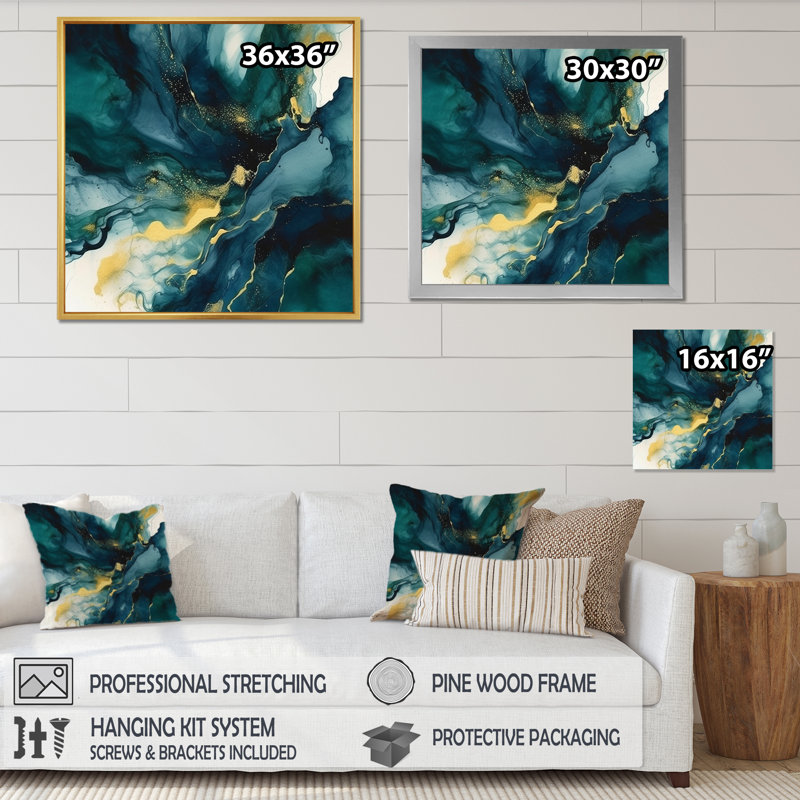 «Dark Blue and Gold Strokes XIX», art mural sur fractales, H 36 po x l 36 po x P 1,5 po, Toile tendue