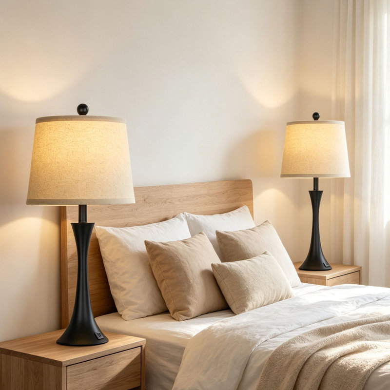 Lampe de chevet noire de 27,5 po avec ports USB et USB-C, commande tactile à 3 voies, ampoules DEL à intensité variable incluses