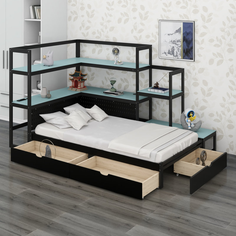 Lit de jour avec bureau intégré, lumière DEL, 3 tiroirs de rangement, station de charge et tête de lit multifonctionnelle