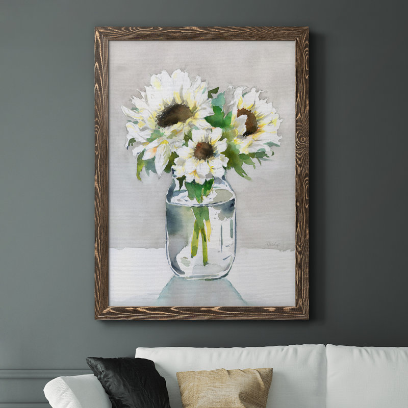 Tournesol II - peinture sur toile encadrée, Encadré de bois de noyer, H 31,5 po x l 23,5 po x P 1,5 po