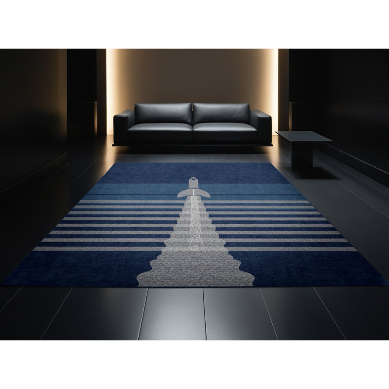 Machine Washable Vehicles And Transportation Modern Rocket Launch Nautical Striped Rug in Blue – Navy Binding, 2x5