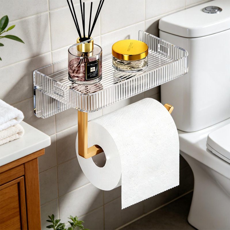 Wall Mounted Toilet Paper Holder with Ribbed Acrylic Shelf, Gold Aluminum Rod Punch-Free Bathroom Tissue Roll Storage Rack for Bathroom Decor