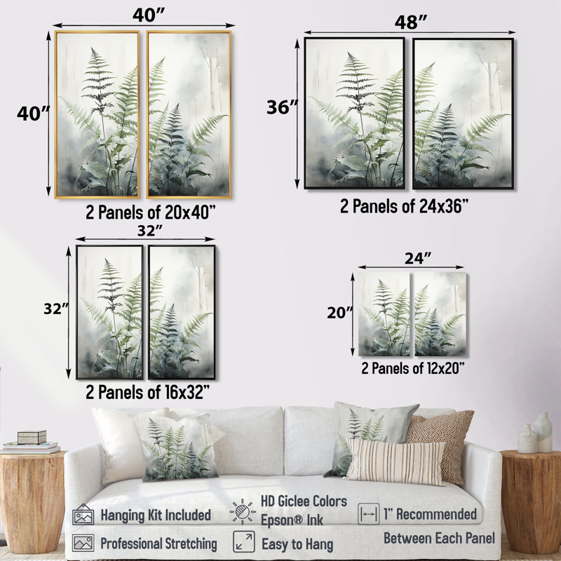 Ferns Silver Whispers II - ensemble d'art mural argenté de 2, H 32 po x l 32 po, Noir