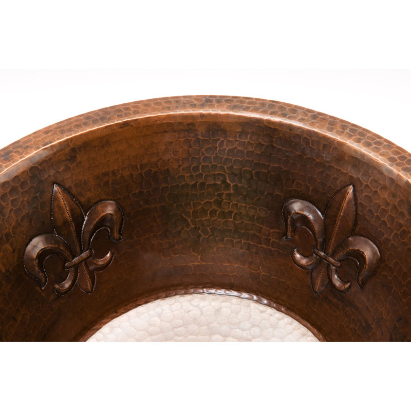 16" Round Copper Prep Sink w/ Fleur De Lis and 3.5" Drain Opening