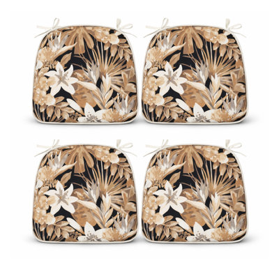 Ensemble de 4 coussins de chaise de patio d'extérieur - Coussins de siège en mousse épaisse hydrofuge avec attaches pour chaises de jardin et de salle à manger, motif floral de lis crème doux
