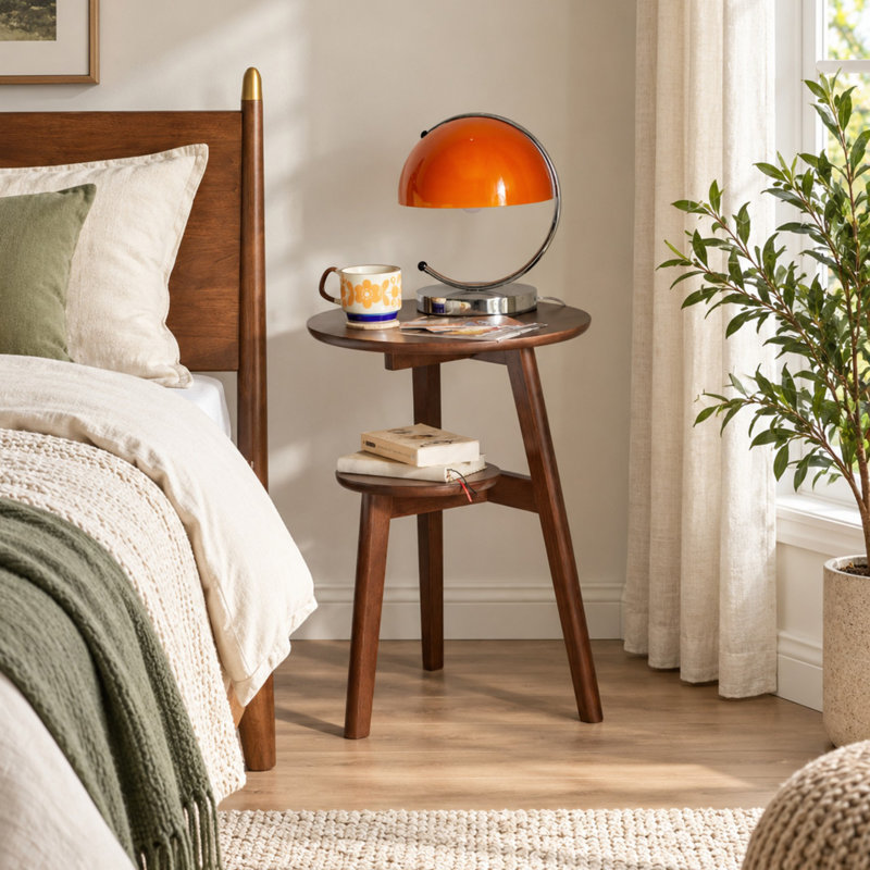 Solid Wood 2-Tier Round Side Table with Storage Shelf