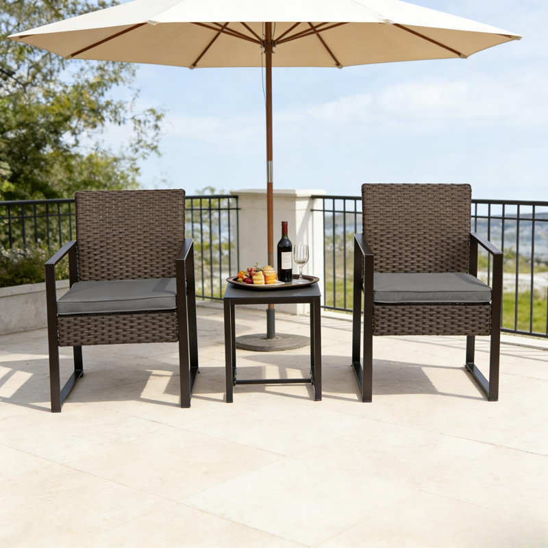 Modern 3-Piece Outdoor Rattan Set with Table & Cushions