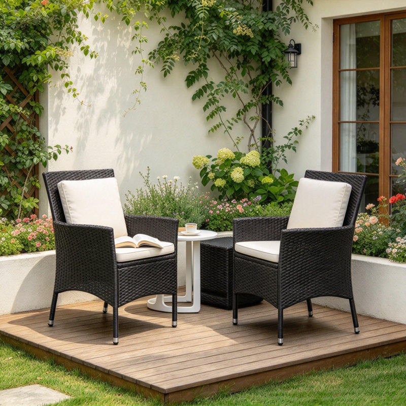 Ensemble de 2 chaises de jardin empilables en rotin avec coussins et pieds antidérapants, idéales pour le jardin et la pelouse.