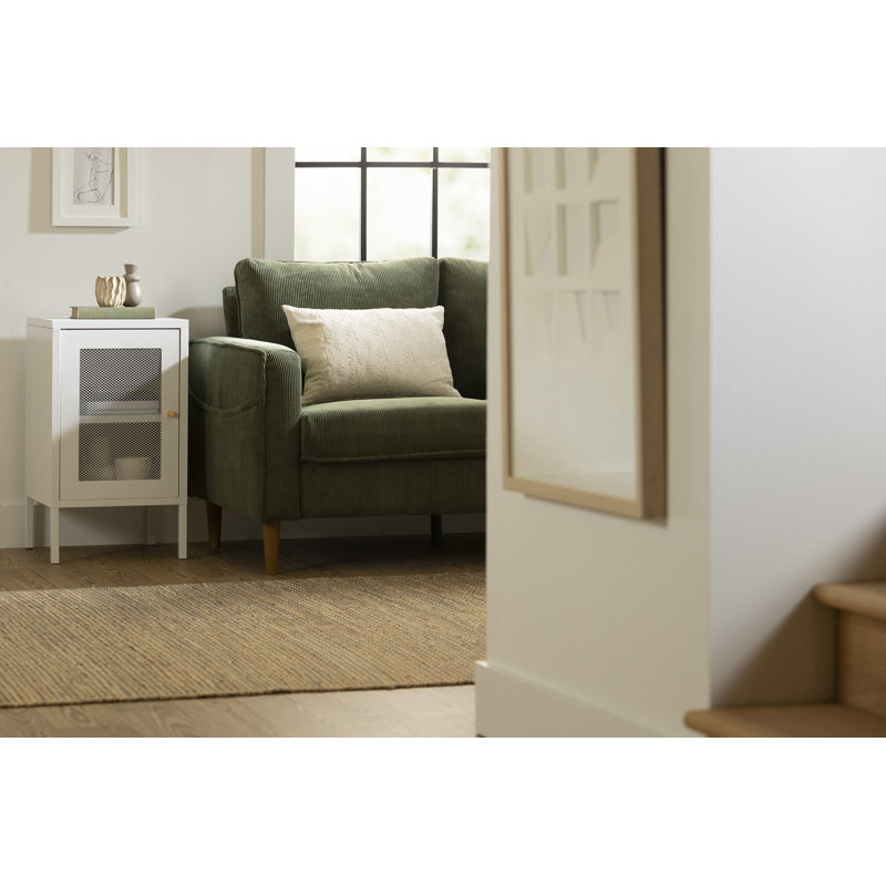 White Metal End Table with Perforated Mesh Door and Storage