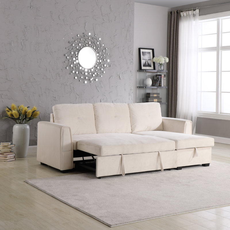 Pancoast 91" Wide Velvet Reversible Sleeper Sofa & Chaise, Cream Velvet